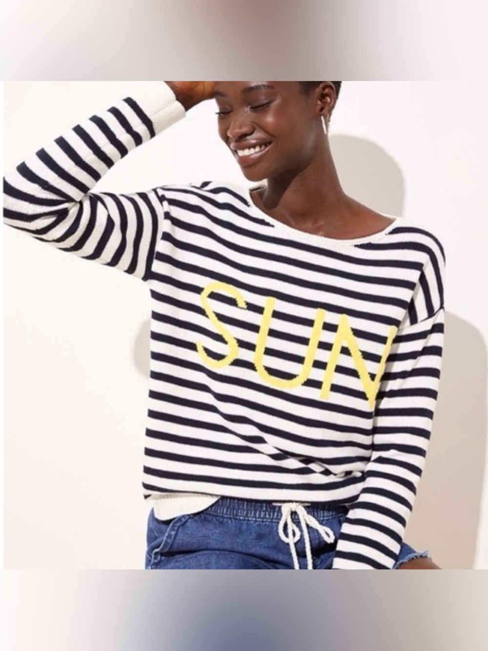 LOFT Women XL SUN Graphic Sweater Navy White Striped Cotton Nautical Coastal